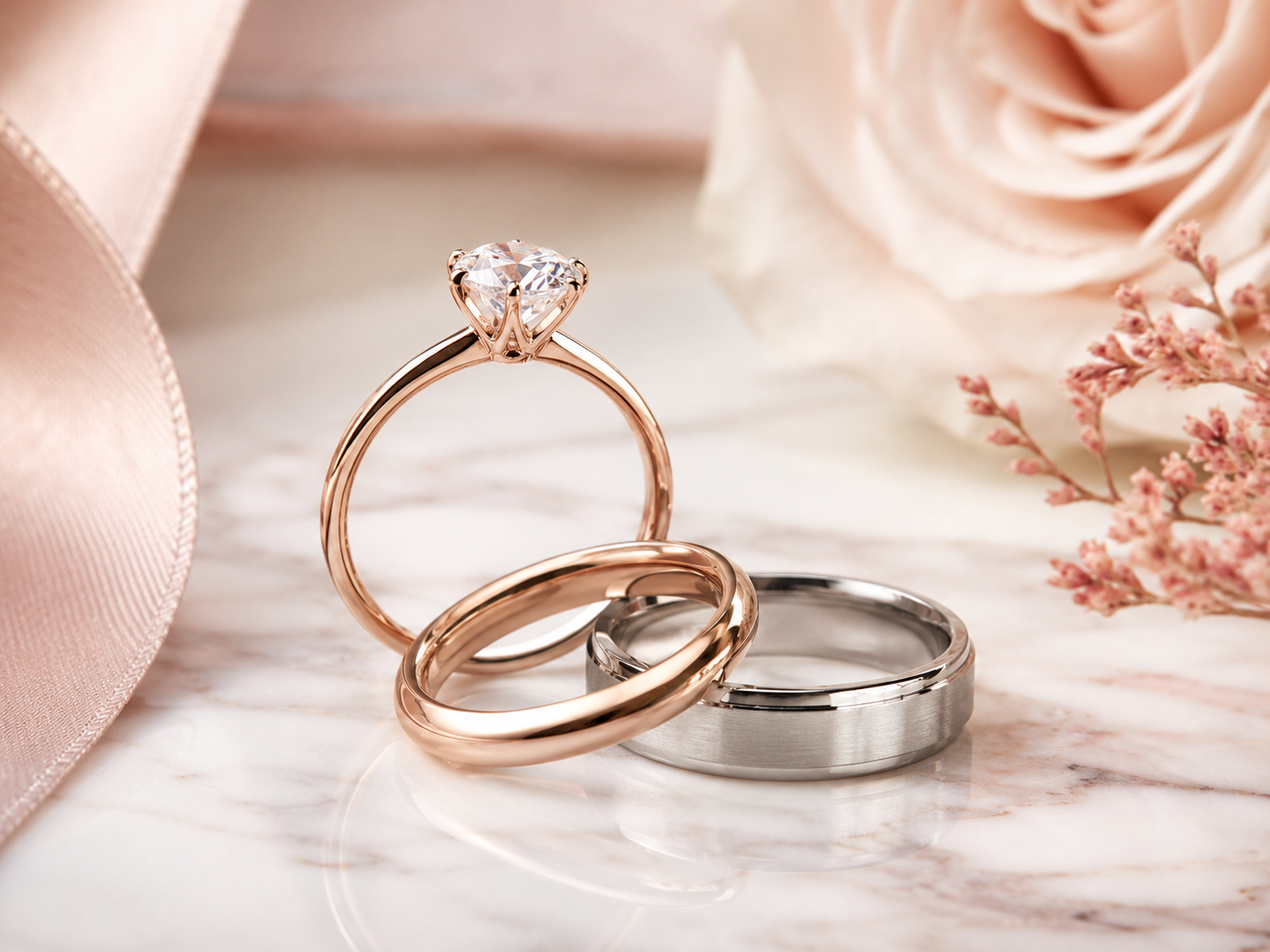 Elegant rings displayed on marble with soft flowers